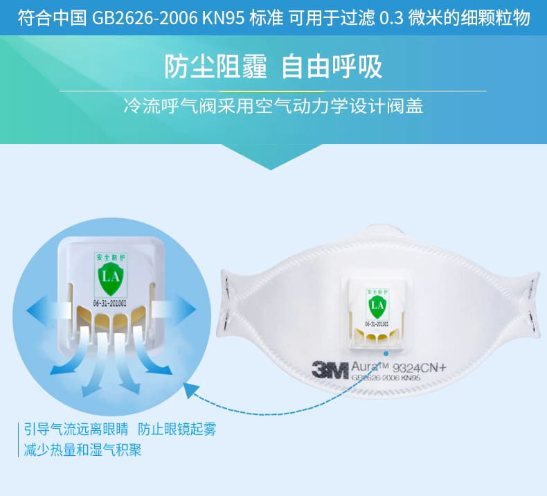 3M 9324CN+ 防颗粒物口罩 （呼气阀、头带式、欧洲FFP2认证和中国KN95认证）